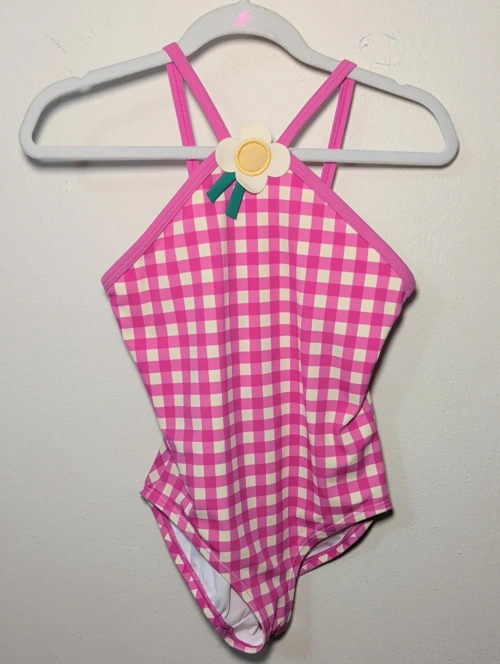 Hanna Anderson Pink + Yellow Gingham One-Piece Swimsuit Floral Detail Girls 6-7